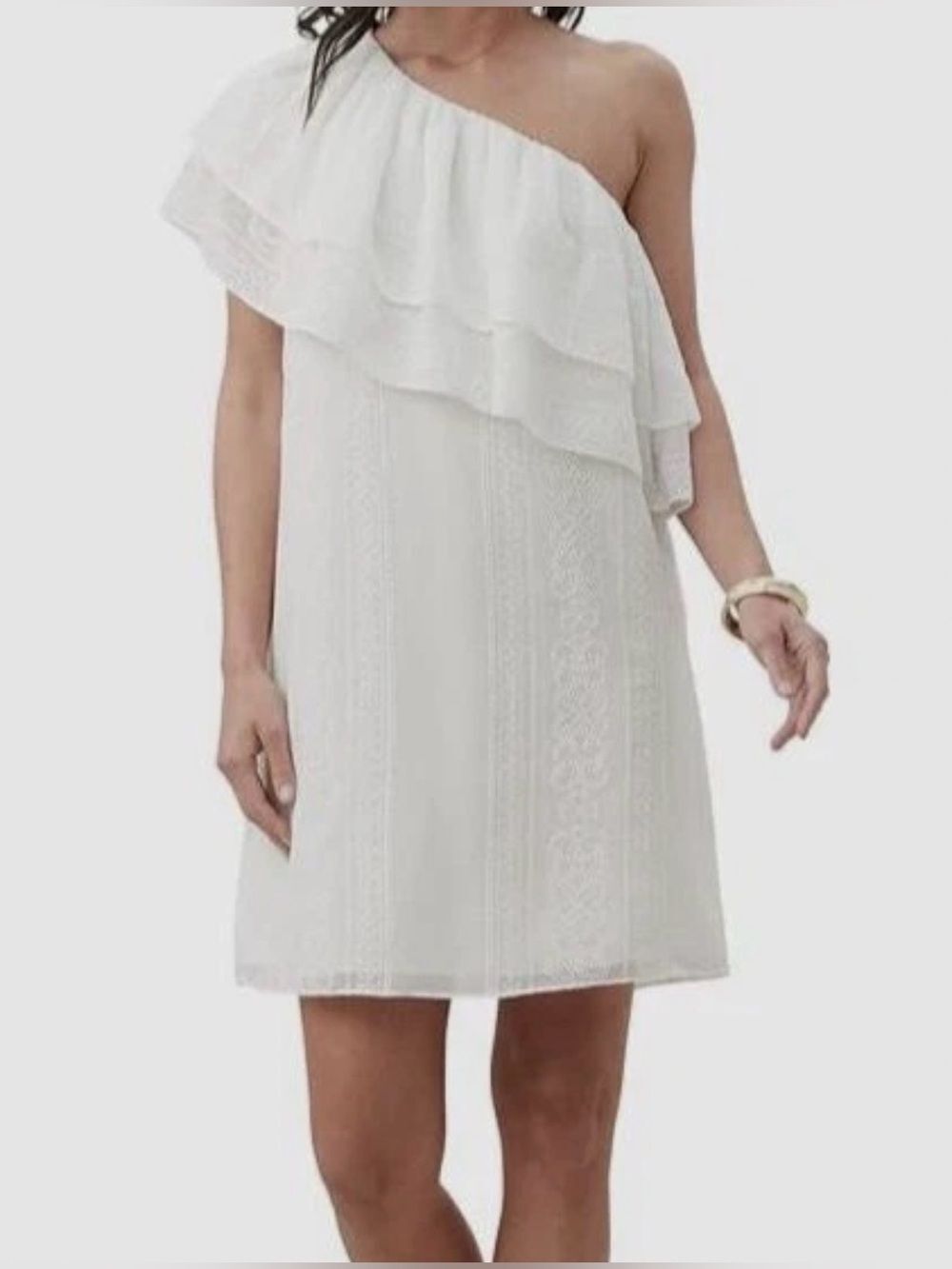TRINA TURK NWT Phebe One-Shoulder Tier Ruffle White Eyelet Mini Dress Classy XXL